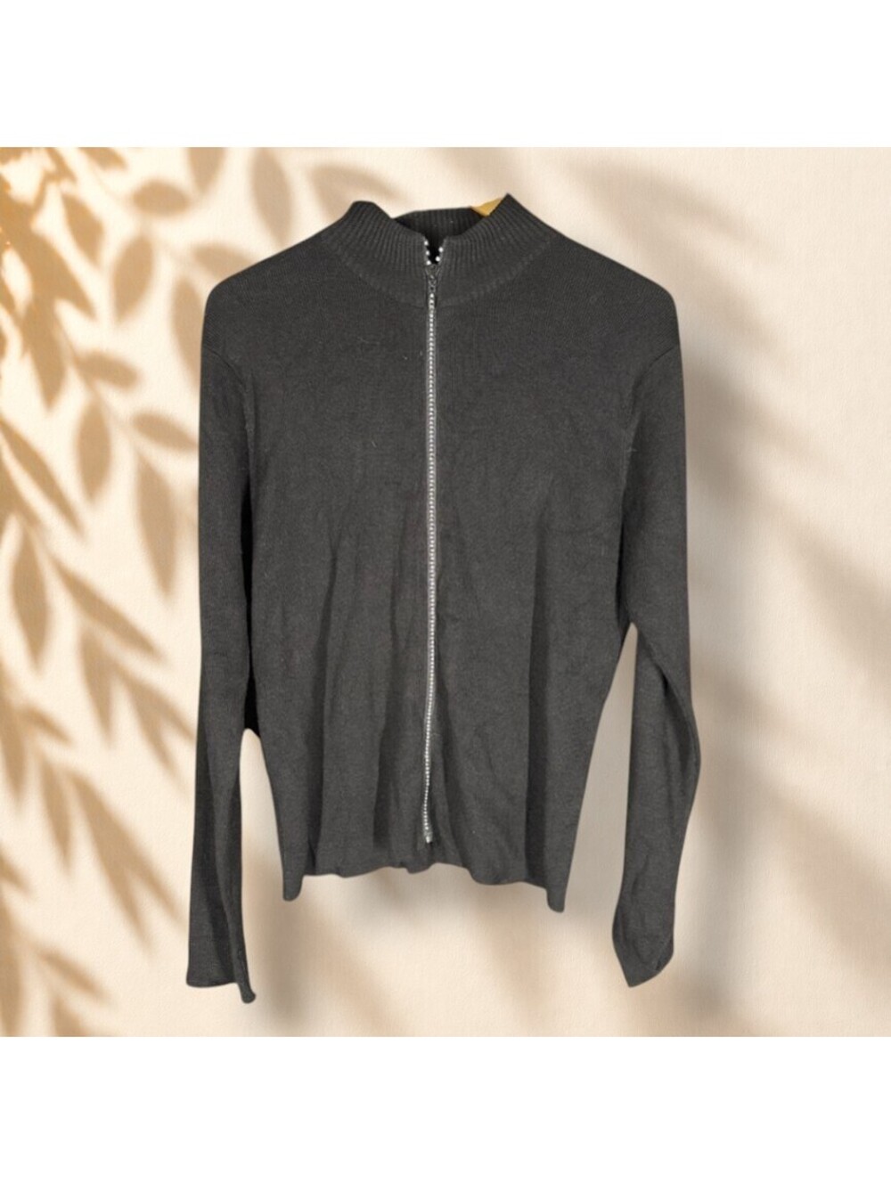 Kathie Lee Full Zip Sweater Women L Large Black Knit Long Sleeve Soft Cozy